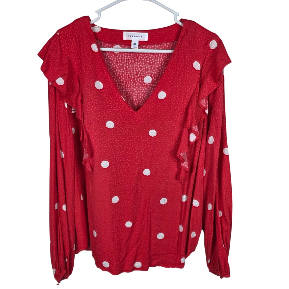 POPSUGAR Ruffle Blouse Women XL Red Good Polka Dot Long Sleeve V-Neck Dobby